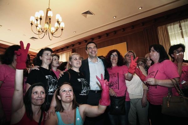 Greek Prime Minister, Alexis Tsipras, meets the laid off cleaning staff of the Finance Ministry in Maximos Mansion in Athens, Greece on May 7, 2015.