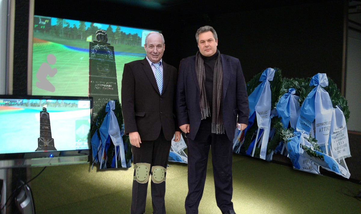 Οι δύο κορυφαίοι «στεφανοκαταθέτες» των ΑΝΕΛ, ύστερα από ένα τρίωρο εξαντλητικής προπόνησης στο δωμάτιο του εξωμοιωτή - στα γόνατα του Τέρενσ Κουίκ διακρίνονται οι επιγονατίδες για ασφαλές γονάτισμα.