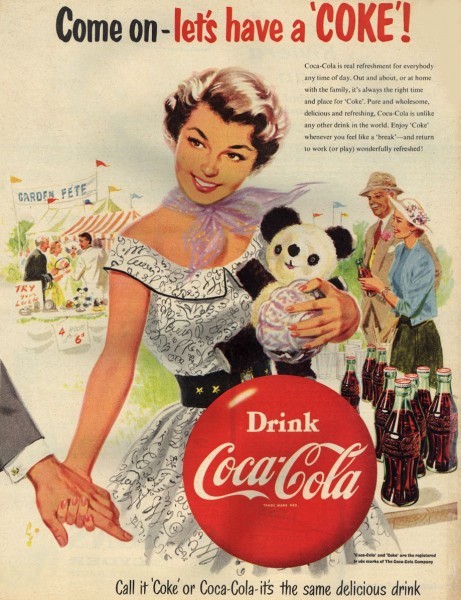 24th July 1954: A woman encourages her date to 'Drink Coca-Cola' at a garden fete. Original Publication: Picture Post Ad - Vol 64 No 4 P 52 - pub. 1954 (Photo by Picture Post/Hulton Archive/Getty Images)