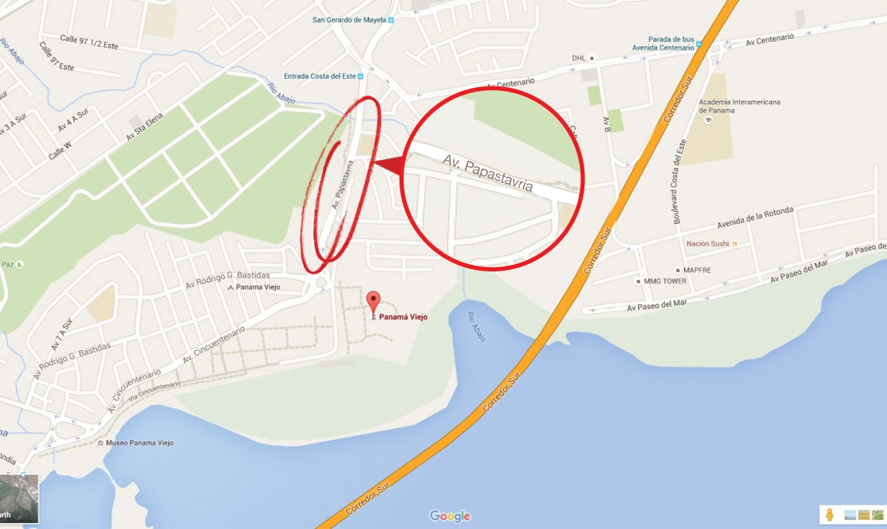 Screenshot από την Πόλη του Παναμά στο Google Maps, όπυ φαίνεται καθαρά η Avenida Papastavria