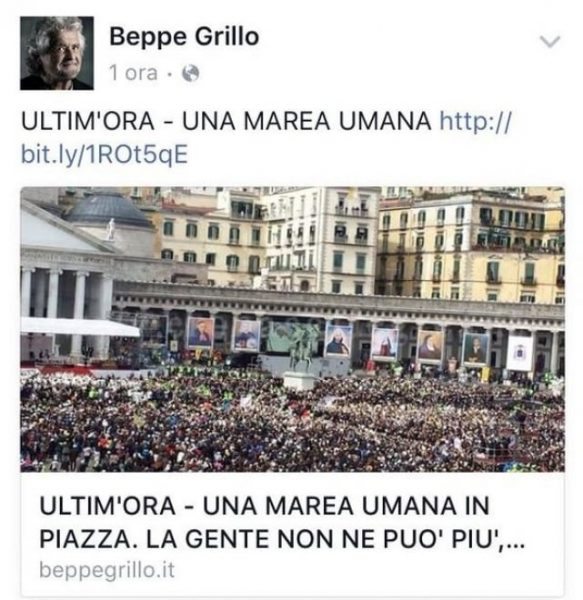 To post του Μπέπε Γκρίλο στο facebook με τη φωτογραφία του πλήθους έγραφε: «ενας ωκεανός διαδηλωτών. Οι πολίτες έχουν κουραστεί». Η φωτογραφία υποτίθεται ότι έδειχνε μια διαδήλωση εναντίον του Ματέο Ρέντσι. Στην πραγματικότητα ήταν από ομιλία του Πάπα. Στη συνέχεια ο Γκρίλο ανασκεύασε το δημοσίευμα