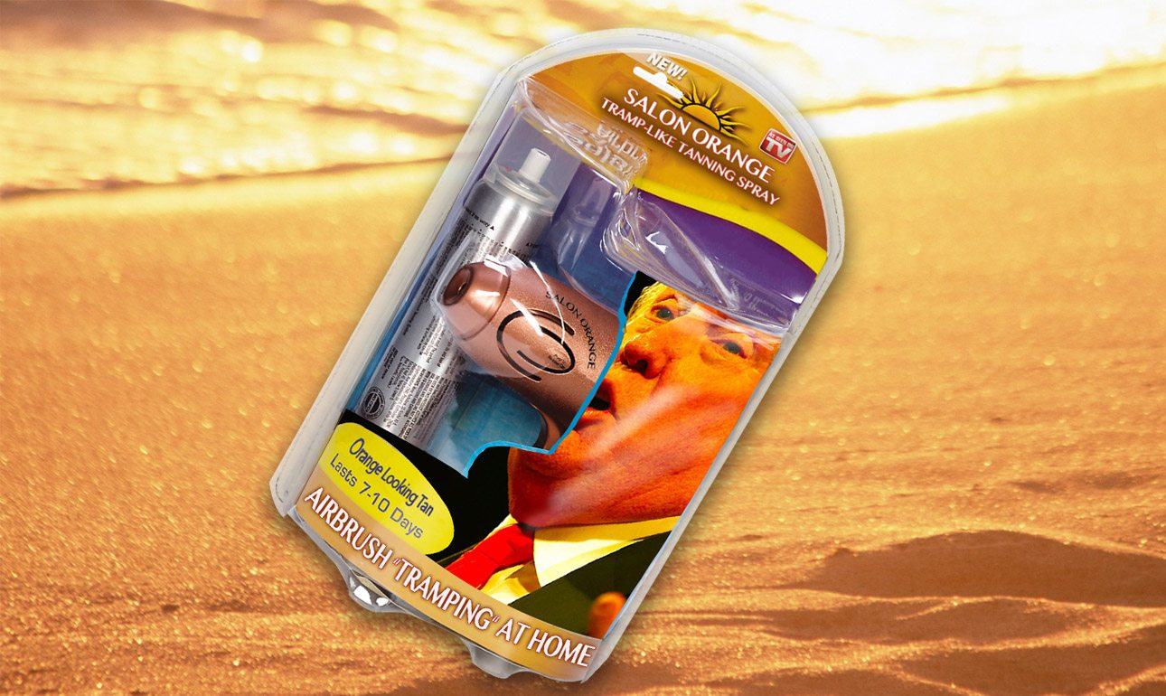 Η λοσιόν «Salon Orange» υπόσχεται ένα «τραμποειδές πορτοκαλί χρώμα». Με το όνομα του Ντόναλντ Τράμπ επίτηδες γραμμένο με «a» και όχι με το σωστό «u» για λόγους δικαιωμάτων