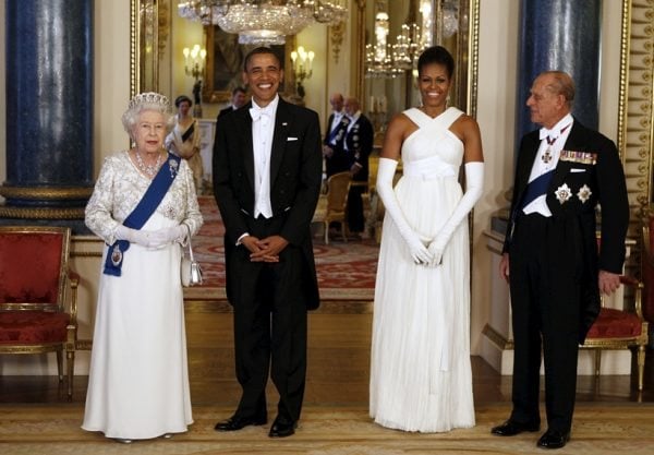 U.S. President Barack Obama (2nd L) and first lady Michelle Obama (2nd R) pose with Queen Elizabeth and Prince Phillip, Duke of Edinburgh before a State Dinner at Buckingham Palace in London in this May 24, 2011 file photo. Queen Elizabeth celebrates her 90th birthday on April 21, 2016. REUTERS/Larry Downing/Files SEARCH 'Queen 90th" FOR ALL IMAGES