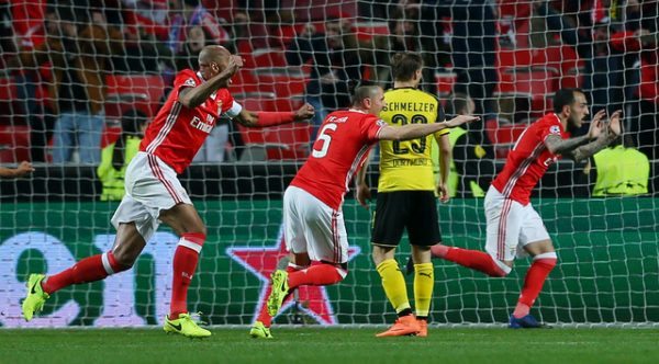 Football Soccer - Benfica v Borussia Dortmund - UEFA Champions League Round of 16 First Leg - Estadio da Luz, Portugal - 14/2/17 Benfica's Kostas Mitroglou celebrates scoring their first goal Reuters / Pedro Nunes Livepic