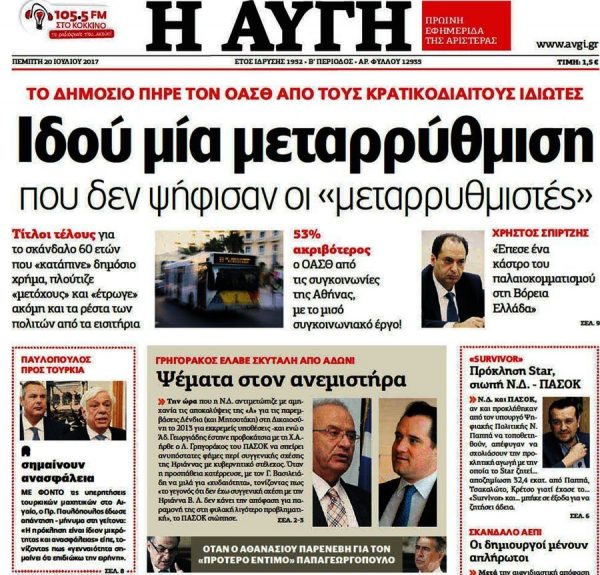 Το πρωτοσέλιδος της Αυγής για τον κ. Γρηγοράκο