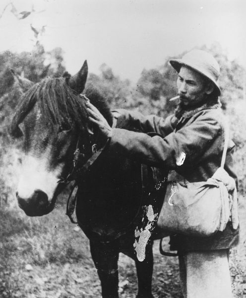 1945: Vietnamese communist leader Ho Chi Minh (Nguyen Tat Thanh, 1890 - 1969) prepares to mount a pony during an offensive against the French. (Photo by Three Lions/Getty Images)