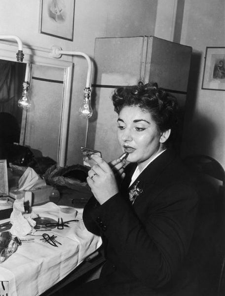 American-born Greek opera singer Maria Callas (1923 - 1977) in her dressing room at the Royal Opera House in Covent Garden, after a successful performance in the Bellini opera 'Norma', 10th November 1952. (Photo by R. Mitchell/Express/Getty Images)