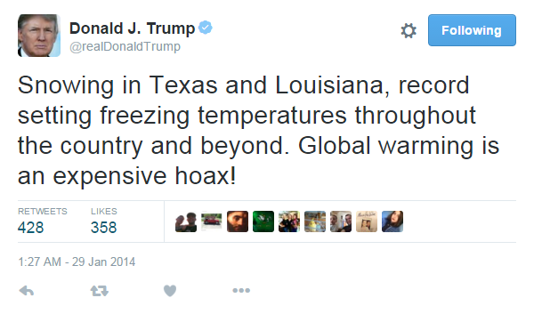 O πρόεδρος Τραμπ είδε κρύο και αμφισβήτησε το φαινόμενο της υπερθέρμανσης