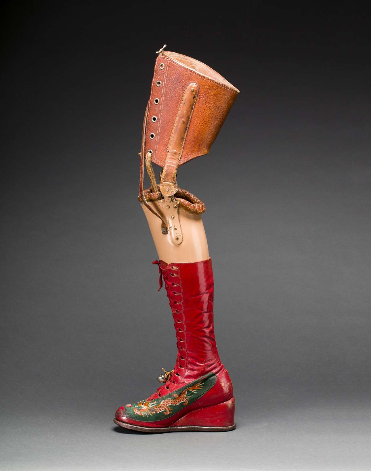 Prosthetic leg with leather boot