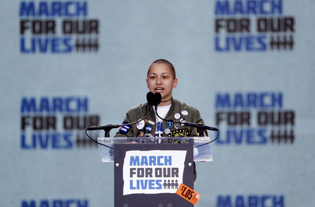 Emma Gonzalez, a student and shooting survivor from the Marjory Stoneman Douglas High School in Parkland, Florida, addresses the conclusion of the "March for Our Lives" event demanding gun control after recent school shootings at a rally in Washington, U.S., March 24, 2018. REUTERS/Aaron P. Bernstein