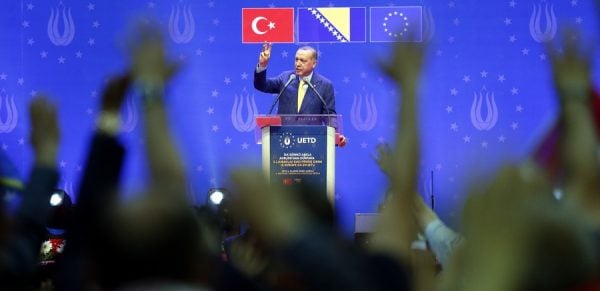 epa06752737 Turkish President Recep Tayyip Erdogan speaks during an election campaign rally of his Justice and Development Party (AK Party) in Sarajevo, Bosnia and Herzegovina, 20 May 2018. Some 10,000 supporters gathered to attend the AKP's rally ahead of the 24 June snap elections in Turkey. The presidential and parliamentary elections were originally scheduled to be held in November 2019, but government has decided the change the date. About three million Turks living abroad are eligible to vote in the election. EPA/FEHIM DEMIR
