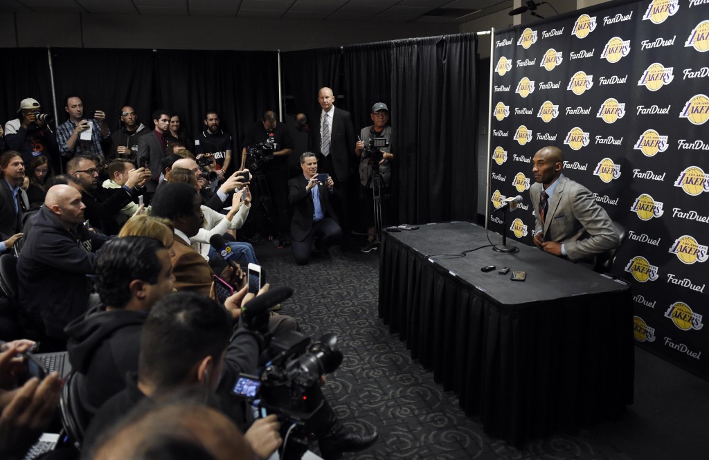 Nov 29, 2015; Los Angeles, CA, USA; Los Angeles Lakers forward Kobe Bryant speaks at a press conference after the game against the Indiana Pacers at Staples Center. Mandatory Credit: Richard Mackson-USA TODAY Sports