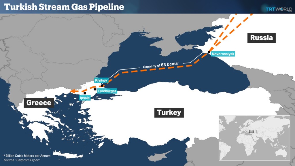 Η διαδρομή που θα ακολουθούσε ο Turkish Stream σύμφωνα με χάρτη της Gazprom η οποία είχε αναλάβει την κατασκευή του