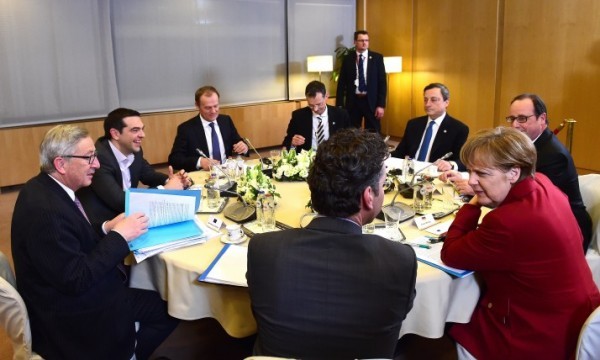 (Clockwise from L)  European Commission President  Jean-Claude Juncker, Greek Prime Minister Alexis Tsipras, European Council President Donald Tusk, Secretary-General of the Council of the European Union, Uwe Corsepius, European Central Bank President Mario Draghi, French President  Francois Hollande, German Chancellor Angela Merkel and Eurogroup President and Dutch Finance Minister Jeroen Dijsselbloem meet at the end of an European Council leaders' summit at the European Council in Brussels, on March 19, 2015. AFP PHOTO / POOL / EMMANUEL DUNAND        (Photo credit should read EMMANUEL DUNAND/AFP/Getty Images)