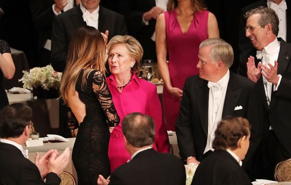 NEW YORK, NY - OCTOBER 20: Hillary Clinton speaks with Melania Trump while attending the annual Alfred E. Smith Memorial Foundation Dinner at the Waldorf Astoria on October 20, 2016 in New York City.The white-tie dinner, which benefits Catholic charities and celebrates former Governor of New York Al Smith, has been attended by presidential candidates since 1960 and gives the candidates an opportunity to poke fun at themselves and each other. (Photo by Spencer Platt/Getty Images)