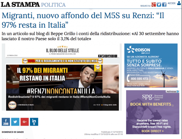 Η μεγάλη εφημερίδα La Stampa αναπαράγει χωρίς έλεγχο δημοσίευμα στο blog του Μπέπε Γκρίλο όπου ισχυρίζεται πως ο Ματέο Ρέντσι δεν παίζει κανένα ρόλο στην Ε.Ε. και ότι η Γερμανία έχει υποδεχθεί μόλις 20 μετανάστες. «Ποιά αλληλεγγύη;», αναρωτιέται το δημοσίευμα. ««Η Ευρώπη ενδιαφέρεται μόνο για να πουλήσει όπλα». Στην πραγματικότητα η Γερμανία έχει δώσει άσυλο σε 1 εκατομμύριο πρόσφυγες ,'όνο την περασμένη χρονιά