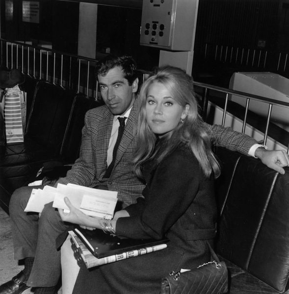 9th October 1965: American actress Jane Fonda (1937 - ) at London Airport with her husband, French film director Roger Vadim (1928 - 2000). (Photo by Evening Standard/Getty Images)