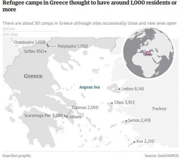 Χάρτης που δείχνει τα κέντρα φιλοξενίας άνω των 1.000 ατόμων στην Ελλάδα