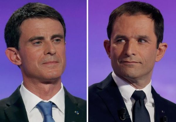 A combination picture shows French Socialist party politicians, former prime minister Manuel Valls (L) and former education minister Benoit Hamon, candidates in the second round for the French left's presidential primary election, as they attend the first prime-time televised debate in La Plaine Saint-Denis, near Paris, France, January 12, 2017. Picture taken January 12, 2017. REUTERS/Philippe Wojazer