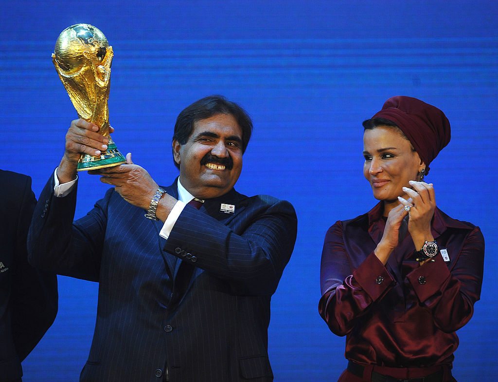 ZURICH, SWITZERLAND - DECEMBER 02:  The Emir State of Qatar HH Sheikh Hamad bin Khalifa Al-Thani and Sheikha Mozah bint Nasser Al Missned are presented with the World Cup Tophy after winning the bid for 2022 during the FIFA World Cup 2018 & 2022 Host Countries Announcement at the Messe Conference Centre on December 2, 2010 in Zurich, Switzerland.  (Photo by Laurence Griffiths/Getty Images)