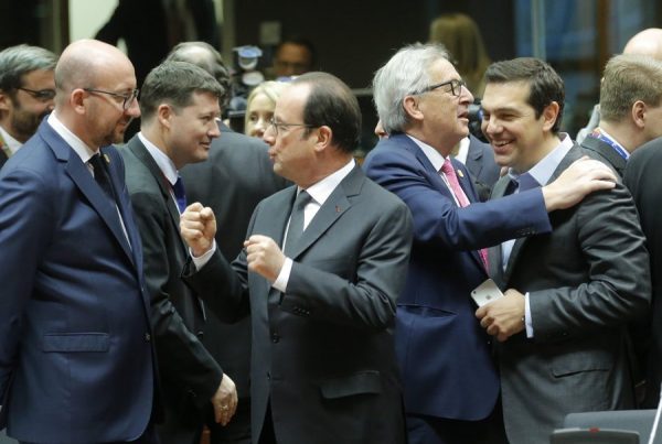 epa05676654 (L-R) Belgium Prime Minister Charles Michel listens to French President Francois Hollande while EU Commission President Jean-Claude Juncker jokes with Greek Prime Minister Alexis Tsipras prior to the start of an European Summit in Brussels, Belgium, 15 December 2016. EU leaders meet for a one-day summit which will mainly focus on the implementation of the EU-Turkey agreement on migration and the EU Internal Security Strategy. The 27 leaders are later the same day scheduled to meet informally for a dinner to discuss the Brexit process. EPA/OLIVIER HOSLET