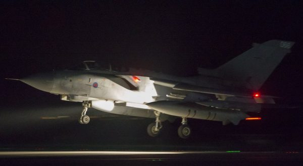 epa06667964 A handout photo made available by the British Ministry of Defence (MoD) showing a British Royal Air Force (RAF) Tornado coming into land at RAF Akrotiri, Cyprus, 14 April 2018 after conducting strikes in support of Operations over the Middle East.The MoD report that four RAF Tornado's took off on 14 April 2018 from RAF Akrotiri to conduct precision strikes on Syrian installations involved in the use of chemical weapons. The Tornados, flown by 31 Squadron the Goldstars, were supported by a Voyager aircraft. They launched Storm Shadow missiles at a military facility – a former missile base – some fifteen miles west of Homs, where the regime is assessed to keep chemical weapon precursors stockpiled in breach of Syria’s obligations under the Chemical Weapons Convention. Very careful scientific analysis was applied to determine where best to target the Storm Shadows to maximise the destruction of the stockpiled chemicals and to minimise any risks of contamination to the surrounding area. The facility which was struck is located some distance from any known concentrations of civilian habitation, reducing yet further any such risk. EPA/Cpl L MATTHEWS / BRITISH MINISTRY OF DEFENCE / HANDOUT MANDATORY CREDIT MOD: CROWN COPYRIGHT HANDOUT EDITORIAL USE ONLY/NO SALES