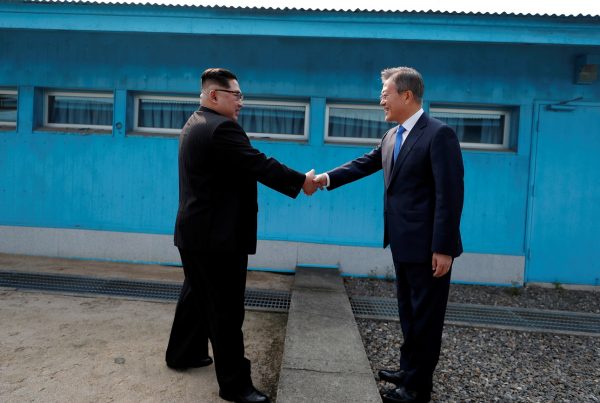 South Korean President Moon Jae-in shakes hands with North Korean leader Kim Jong Un during their meeting at the truce village of Panmunjom inside the demilitarized zone separating the two Koreas, South Korea, April 27, 2018. Korea Summit Press Pool/Pool via Reuters