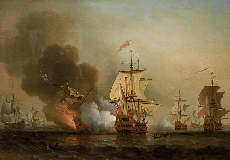 Ελαιογραφία του Σάμιουελ Σκοτ που δείχνει το Σαν Χοσέ να καταστρέφεται από τα βρετανικά σκάφη. Credit: Wikipedia 