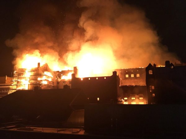 The rear elevation of the Glasgow School of Art is seen on fire, in Glasgow, Scotland, Britain, June 15, 2018, in this still image obtained from social media. TWITTER/@ Banpo_Monkey/via REUTERS THIS IMAGE HAS BEEN SUPPLIED BY A THIRD PARTY. MANDATORY CREDIT. NO RESALES. NO ARCHIVES. MUST ON SCREEN COURTESY TWITTER/@ Banpo_Monkey / NO RESALE