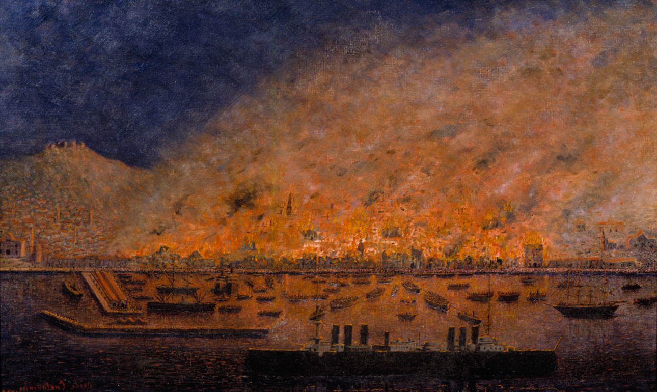 «Η καταστροφή της Σμύρνης», 1922, ελαιογραφία του Ovid Kurtovich