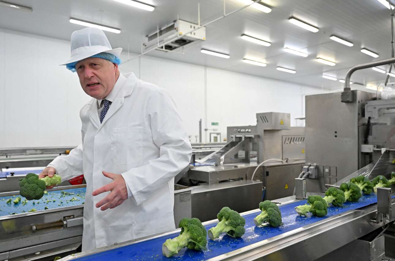 Ο βρετανός πρωθυπουργός Μπόρις Τζόνσον επισκέφθηκε συσκευαστήριο λαχανικών, φόρεσε την απαραίτητη στολή και βοήθησε στη διαλογή του μπρόκολου – την τυποποίηση για το σουπερμάρκετ την ανέλαβε το μηχάνημα 