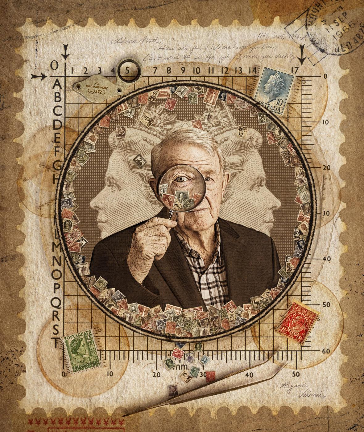 Ο συλλέκτης Νόελ φωτογραφίζεται ανάμεσα στα αγαπημένα του γραμματόσημα. Η επεξεργασμένη εικόνα του Νόελ κέρδισε τη δεύτερη θέση στην κατηγορία «Ιστορία ενός Πορτρέτου»