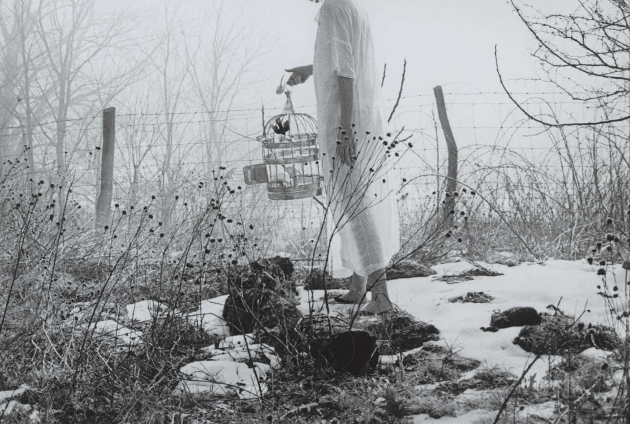 Αυτοπορτρέτο της φωτογράφου Τζόις Τένεσον, κουβαλώντας ένα κλουβί με πουλί, το 1975