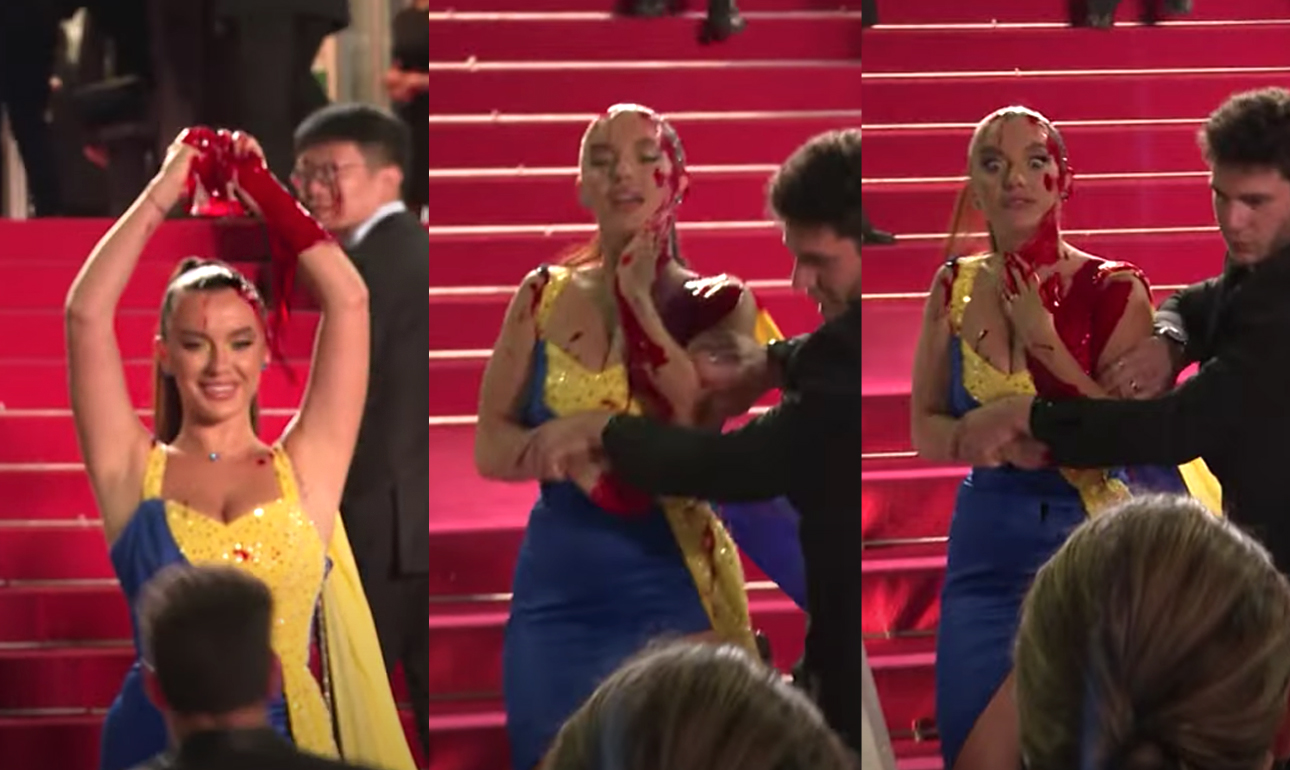 Κάννες: Διαδηλώτρια με φόρεμα στα ουκρανικά χρώματα περιλούστηκε με ψεύτικο αίμα